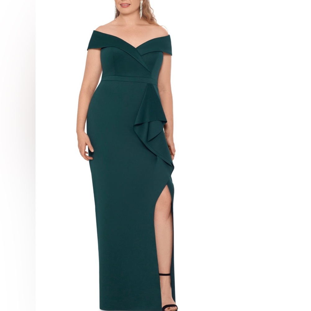 Xscape Long Off The Shoulder Ruffle Ruched Dress.